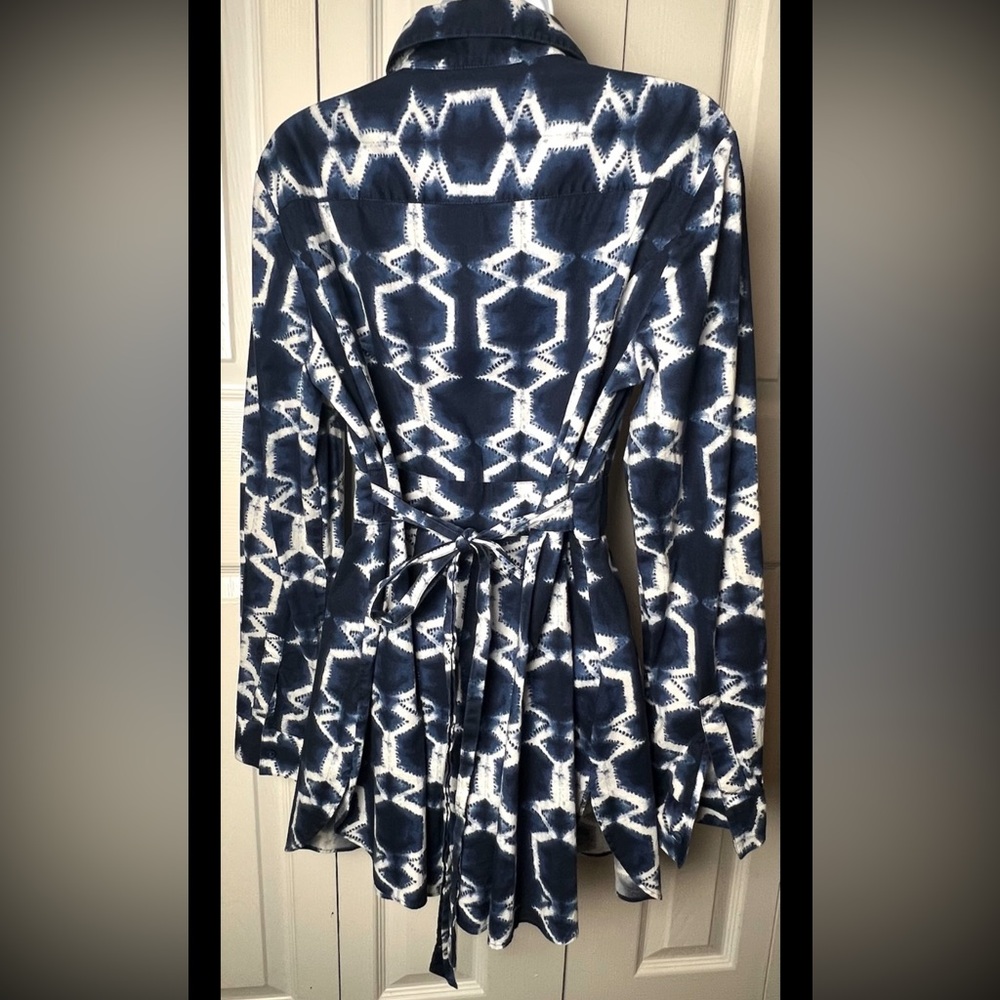 LAFAYETTE 148 Blouse Tunic Ikat Navy Blue White Button Down Long Sleeve - Picture 3 of 11